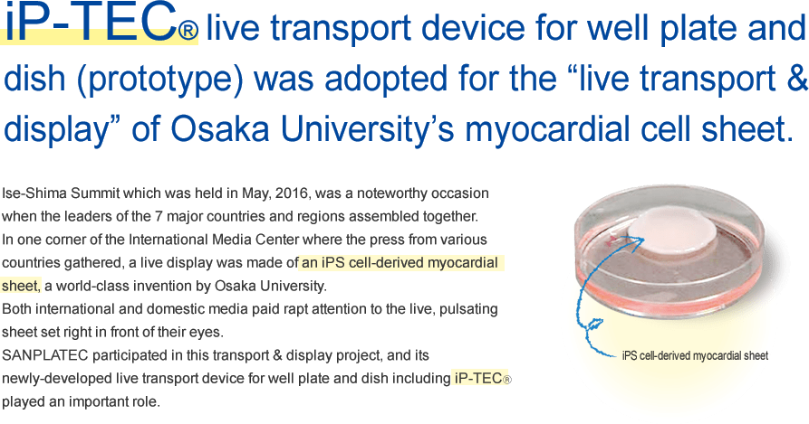 live transport device for well plate and dish (prototype) was adopted for the “live transport & display” of Osaka University’s myocardial cell sheet.